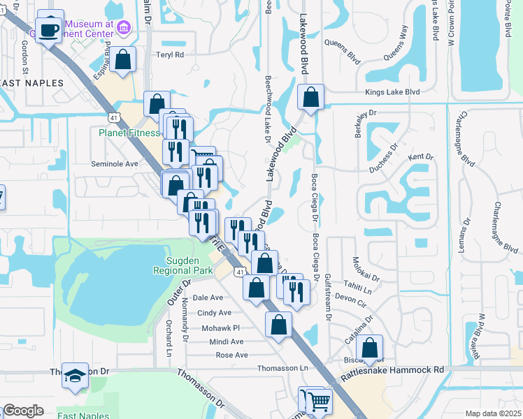 map of restaurants, bars, coffee shops, grocery stores, and more near 4070 Lakewood Boulevard in Naples
