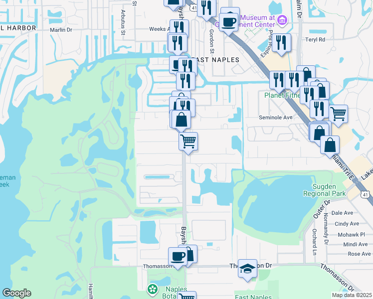 map of restaurants, bars, coffee shops, grocery stores, and more near 2991 Van Buren Avenue in Naples