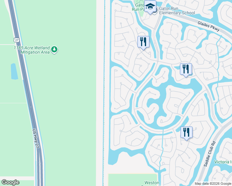 map of restaurants, bars, coffee shops, grocery stores, and more near 1312 Crossbill Court in Weston