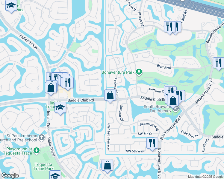 map of restaurants, bars, coffee shops, grocery stores, and more near 445 Lakeview Drive in Weston