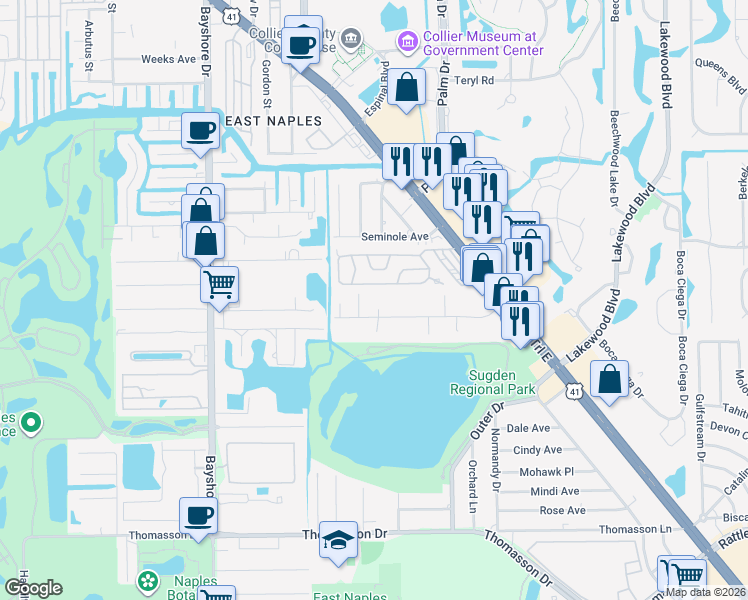 map of restaurants, bars, coffee shops, grocery stores, and more near 3405 Goldie Lane in Naples