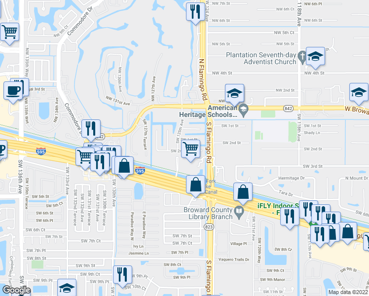map of restaurants, bars, coffee shops, grocery stores, and more near 12461 Southwest 2nd Street in Plantation
