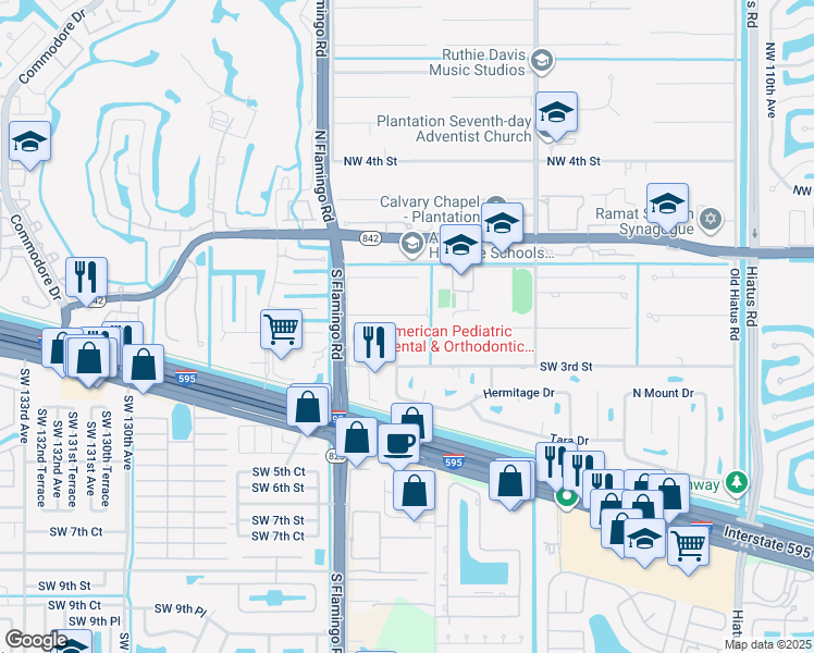 map of restaurants, bars, coffee shops, grocery stores, and more near 12200 Southwest 2nd Street in Plantation