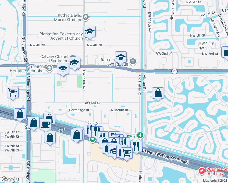 map of restaurants, bars, coffee shops, grocery stores, and more near 11400 Southwest 1st Court in Plantation