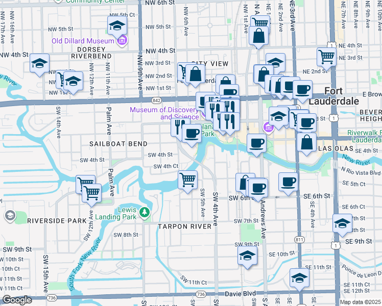 map of restaurants, bars, coffee shops, grocery stores, and more near 600 West Las Olas Boulevard in Fort Lauderdale
