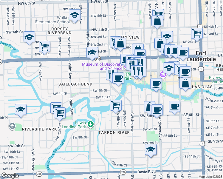 map of restaurants, bars, coffee shops, grocery stores, and more near 600 West Las Olas Boulevard in Fort Lauderdale