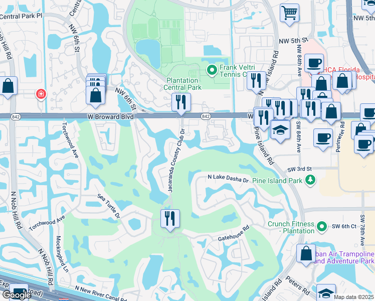 map of restaurants, bars, coffee shops, grocery stores, and more near 250 Jacaranda Drive in Plantation
