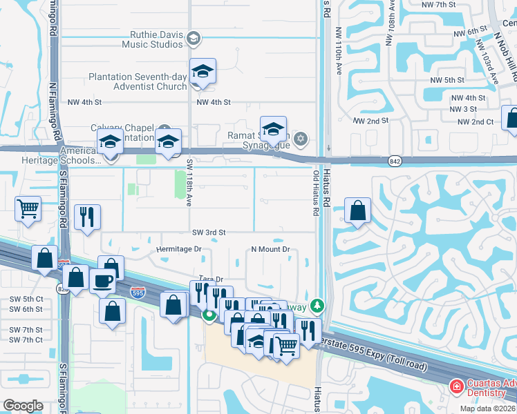 map of restaurants, bars, coffee shops, grocery stores, and more near 11400 Southwest 1st Court in Plantation