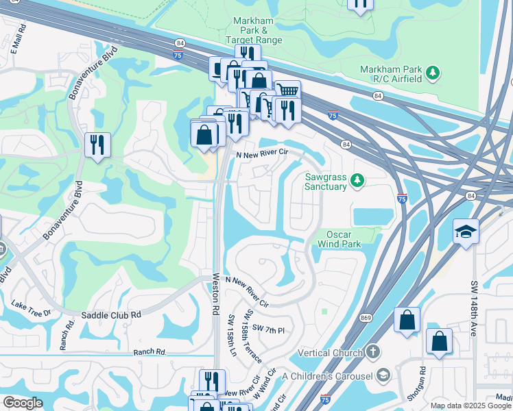 map of restaurants, bars, coffee shops, grocery stores, and more near 241 Southwest 159th Avenue in Sunrise