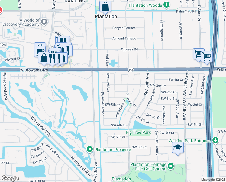 map of restaurants, bars, coffee shops, grocery stores, and more near 251 Southwest 62nd Terrace in Plantation