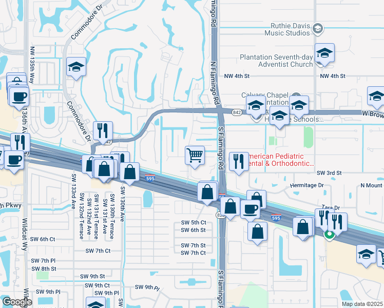 map of restaurants, bars, coffee shops, grocery stores, and more near 12461 Southwest 2nd Street in Plantation
