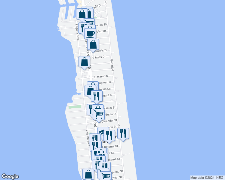 map of restaurants, bars, coffee shops, grocery stores, and more near 131 East Venus Lane in South Padre Island