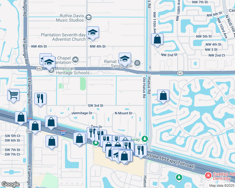 map of restaurants, bars, coffee shops, grocery stores, and more near 11460 Southwest 1st Court in Plantation