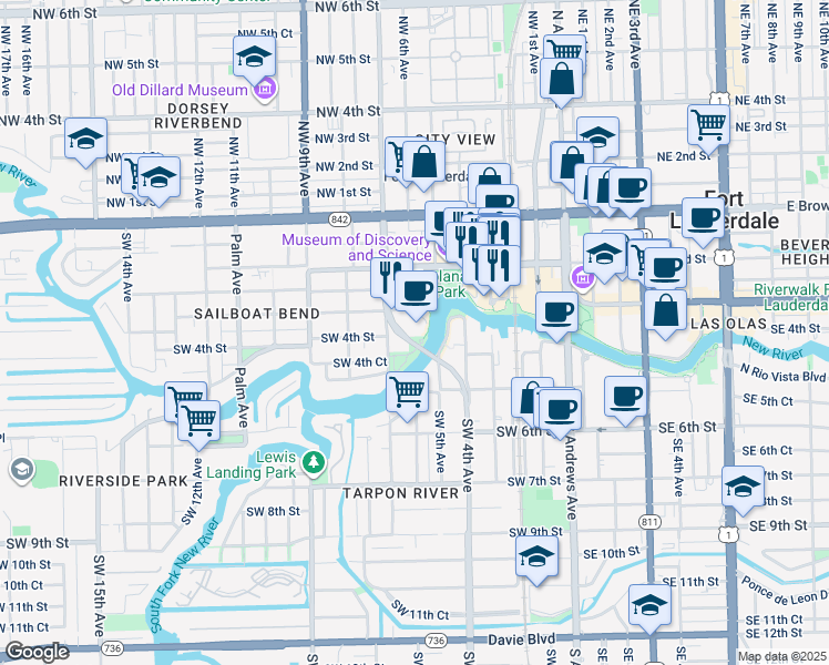 map of restaurants, bars, coffee shops, grocery stores, and more near 600 West Las Olas Boulevard in Fort Lauderdale