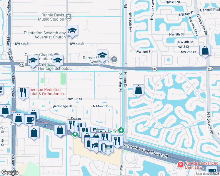 map of restaurants, bars, coffee shops, grocery stores, and more near 11300 Southwest 1st Court in Plantation