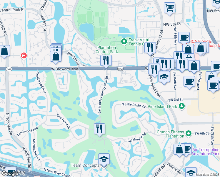 map of restaurants, bars, coffee shops, grocery stores, and more near 250 Jacaranda Drive in Plantation