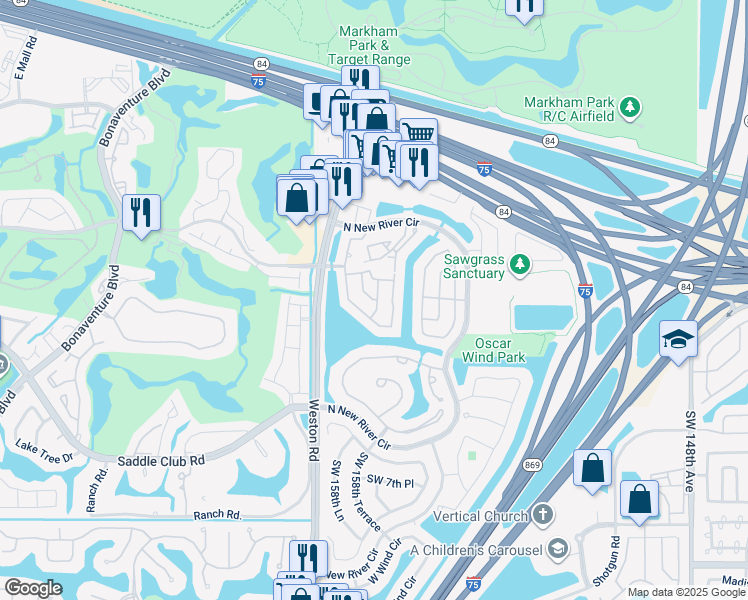 map of restaurants, bars, coffee shops, grocery stores, and more near 241 Southwest 159th Avenue in Sunrise