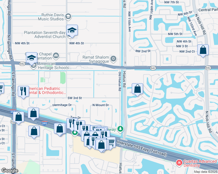 map of restaurants, bars, coffee shops, grocery stores, and more near 11300 Southwest 1st Court in Plantation