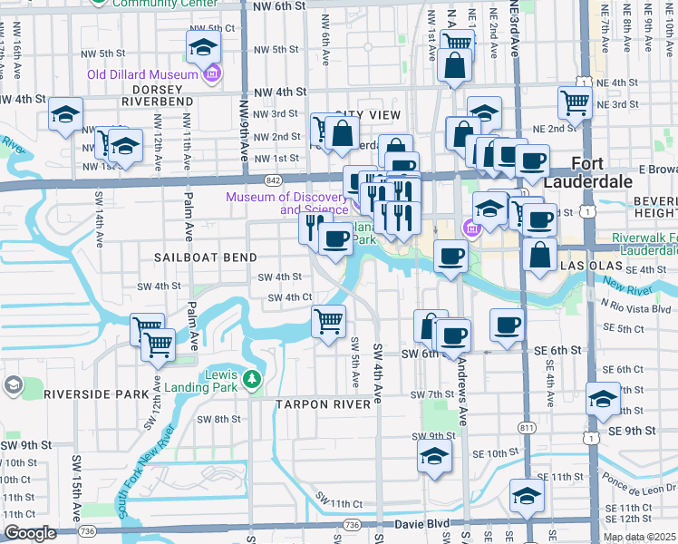 map of restaurants, bars, coffee shops, grocery stores, and more near 600 West Las Olas Boulevard in Fort Lauderdale