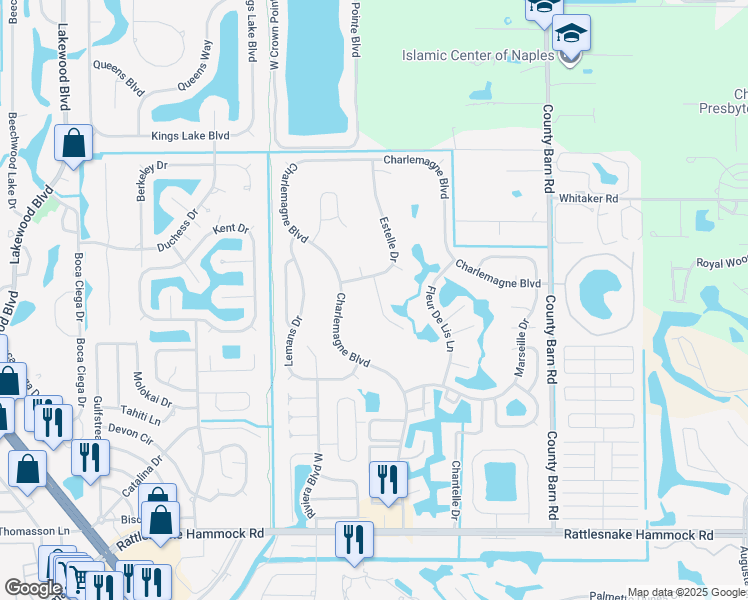 map of restaurants, bars, coffee shops, grocery stores, and more near 109 Calais Court in Naples