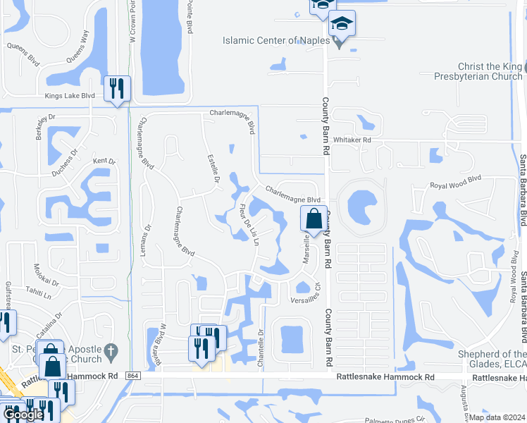 map of restaurants, bars, coffee shops, grocery stores, and more near 117 Picardy Court in Naples