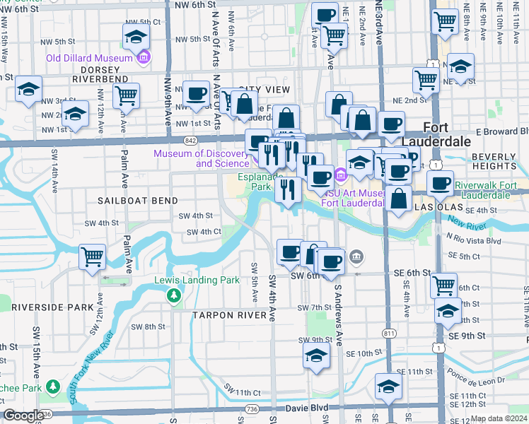 map of restaurants, bars, coffee shops, grocery stores, and more near 12 Southwest 5th Avenue in Fort Lauderdale