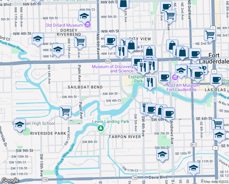 map of restaurants, bars, coffee shops, grocery stores, and more near 723 Southwest 4th Street in Fort Lauderdale