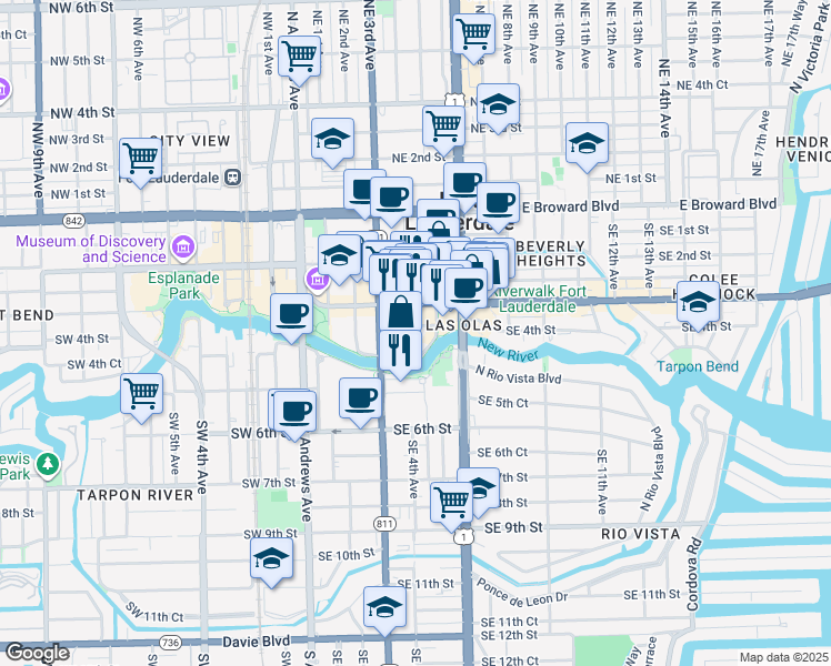 map of restaurants, bars, coffee shops, grocery stores, and more near 411 South New River Drive East in Fort Lauderdale