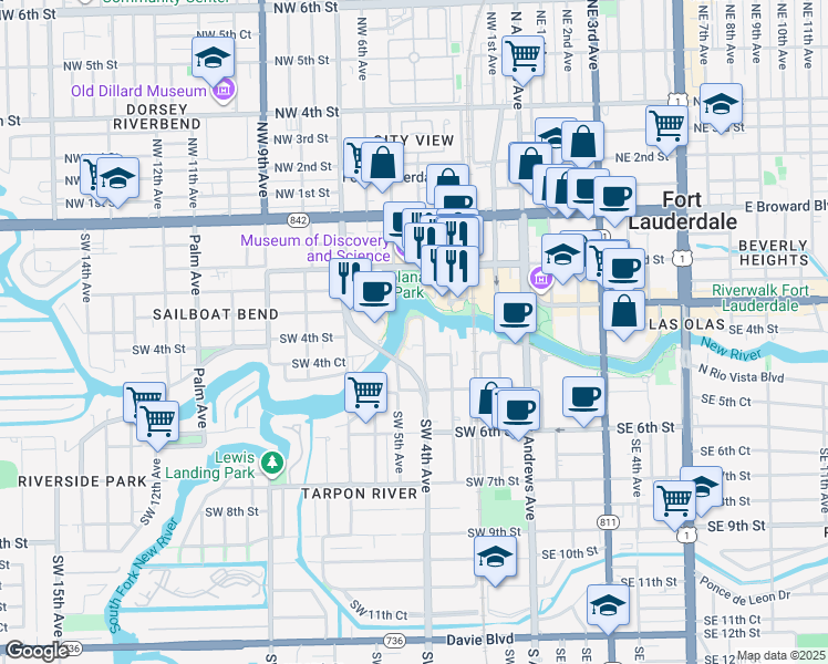 map of restaurants, bars, coffee shops, grocery stores, and more near 12 Southwest 5th Avenue in Fort Lauderdale