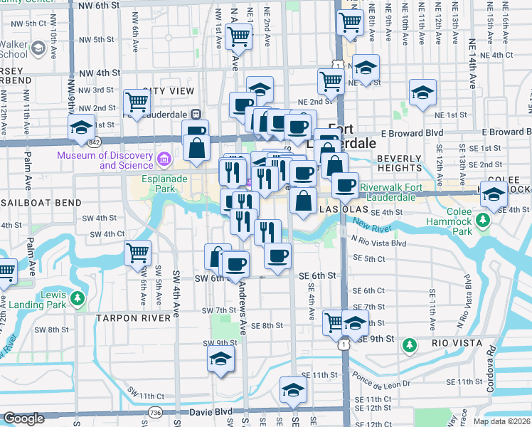 map of restaurants, bars, coffee shops, grocery stores, and more near 333 Las Olas Way in Fort Lauderdale