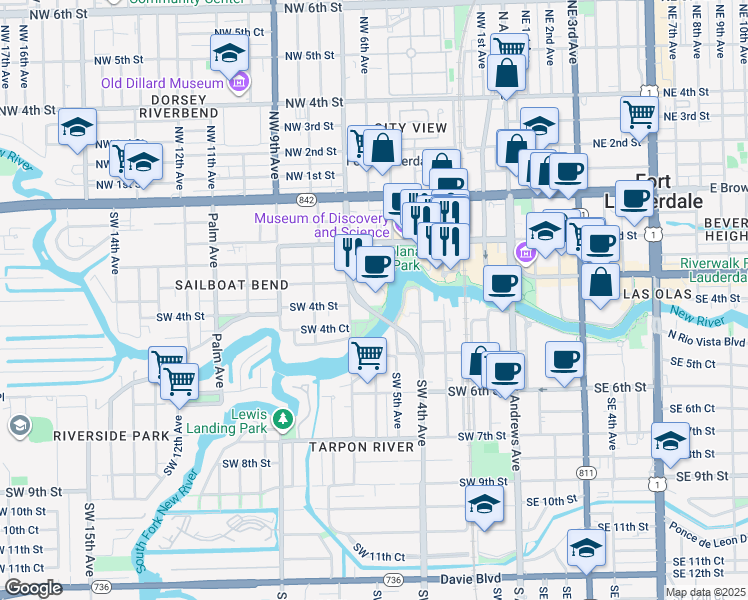 map of restaurants, bars, coffee shops, grocery stores, and more near 600 West Las Olas Boulevard in Fort Lauderdale