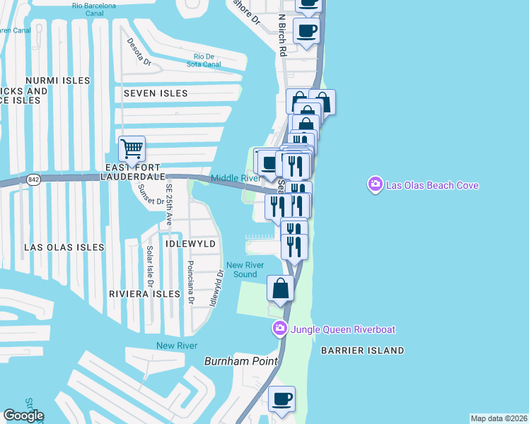 map of restaurants, bars, coffee shops, grocery stores, and more near 1 Las Olas Circle in Fort Lauderdale