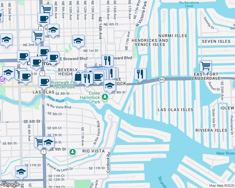 map of restaurants, bars, coffee shops, grocery stores, and more near 1604 Southeast 4th Street in Fort Lauderdale