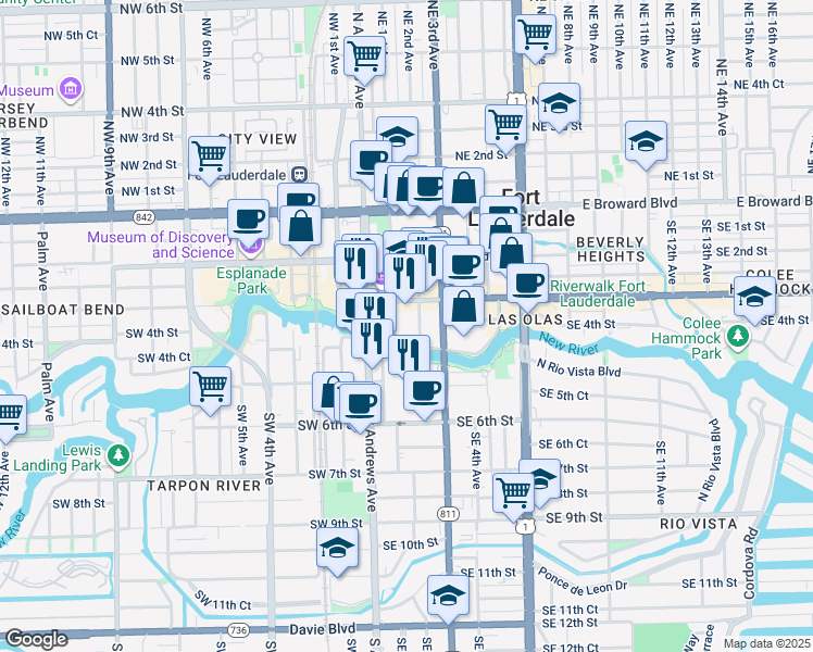 map of restaurants, bars, coffee shops, grocery stores, and more near 333 Las Olas Way in Fort Lauderdale