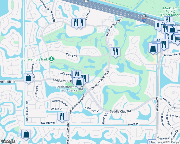 map of restaurants, bars, coffee shops, grocery stores, and more near 16582 Botaniko Drive South in Weston