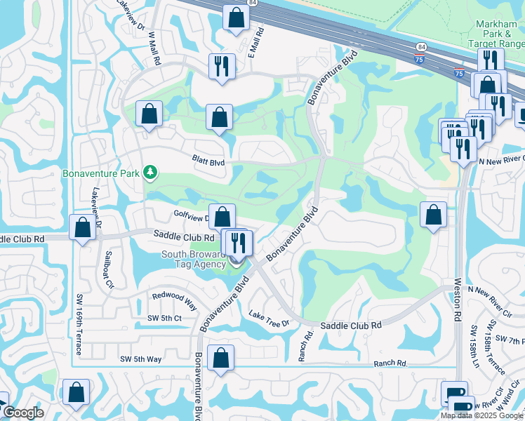 map of restaurants, bars, coffee shops, grocery stores, and more near 16582 Botaniko Drive South in Weston