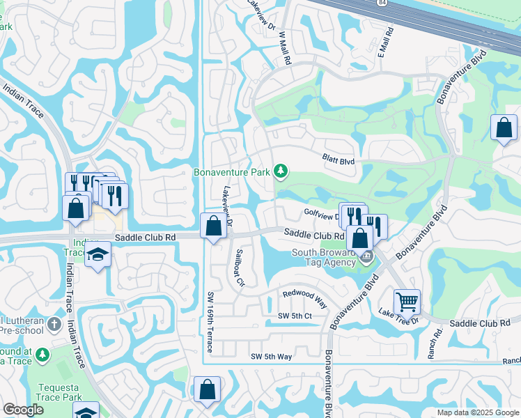 map of restaurants, bars, coffee shops, grocery stores, and more near 625 Racquet Club Road in Weston