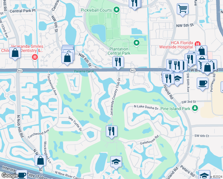 map of restaurants, bars, coffee shops, grocery stores, and more near 245 Jacaranda Drive in Plantation