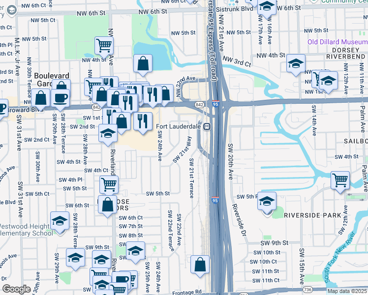 map of restaurants, bars, coffee shops, grocery stores, and more near 215 Southwest 21st Way in Fort Lauderdale