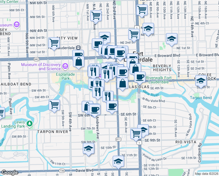 map of restaurants, bars, coffee shops, grocery stores, and more near 333 Las Olas Way in Fort Lauderdale