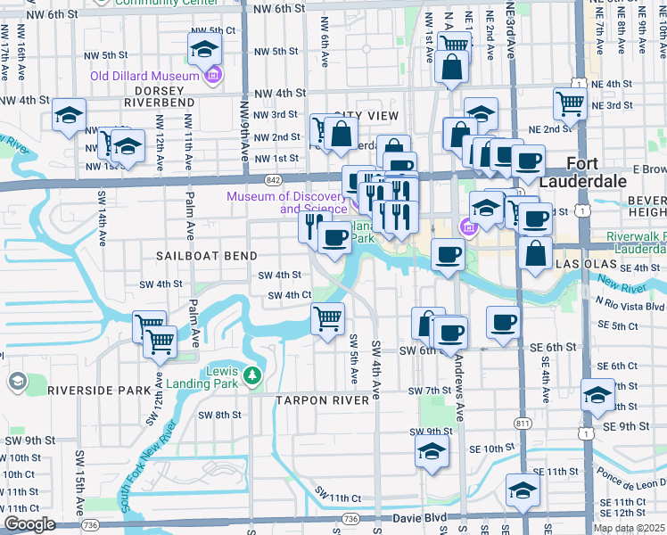 map of restaurants, bars, coffee shops, grocery stores, and more near 600 West Las Olas Boulevard in Fort Lauderdale