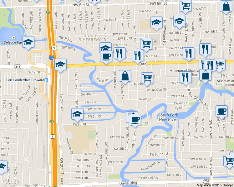 map of restaurants, bars, coffee shops, grocery stores, and more near 1348 Southwest 3rd Court in Fort Lauderdale