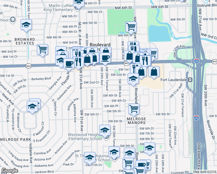 map of restaurants, bars, coffee shops, grocery stores, and more near 351 Southwest 28th Terrace in Fort Lauderdale
