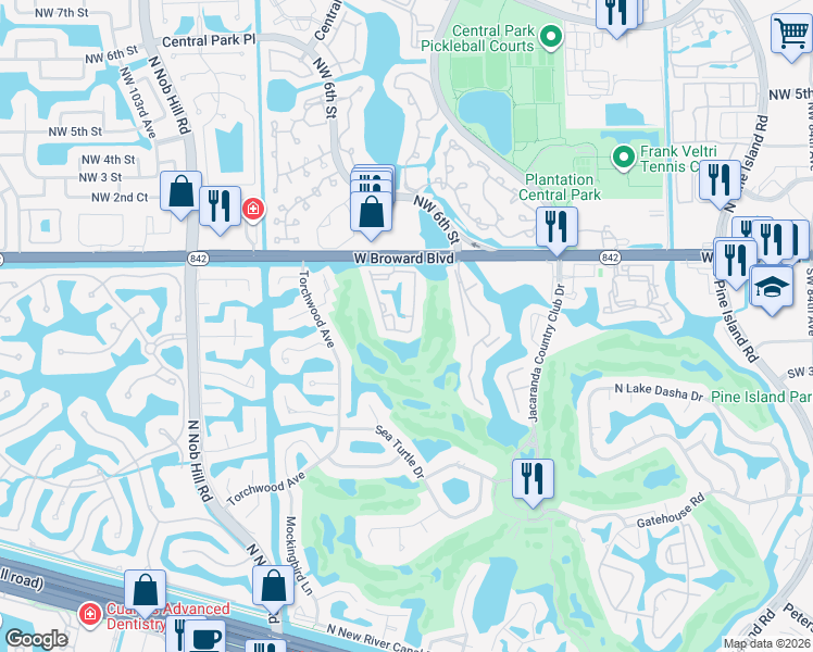 map of restaurants, bars, coffee shops, grocery stores, and more near 48 Southwest 96th Avenue in Plantation