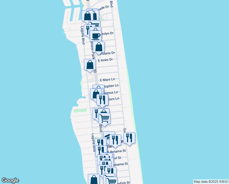 map of restaurants, bars, coffee shops, grocery stores, and more near 131 East Venus Lane in South Padre Island
