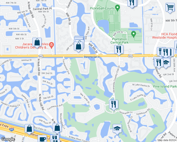 map of restaurants, bars, coffee shops, grocery stores, and more near 174 Southwest 96th Avenue in Plantation