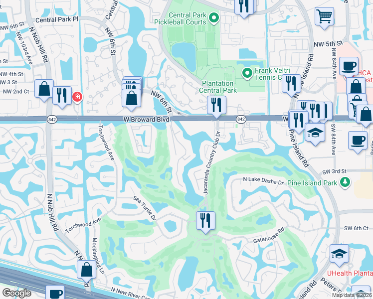 map of restaurants, bars, coffee shops, grocery stores, and more near 68 Wimbledon Lakes Drive in Plantation
