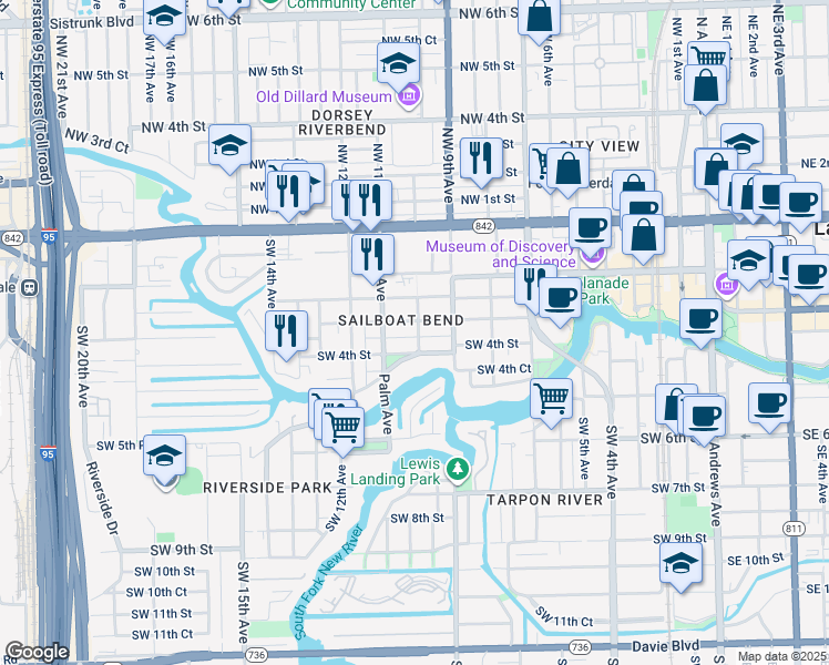 map of restaurants, bars, coffee shops, grocery stores, and more near 1017 Southwest 4th Street in Fort Lauderdale