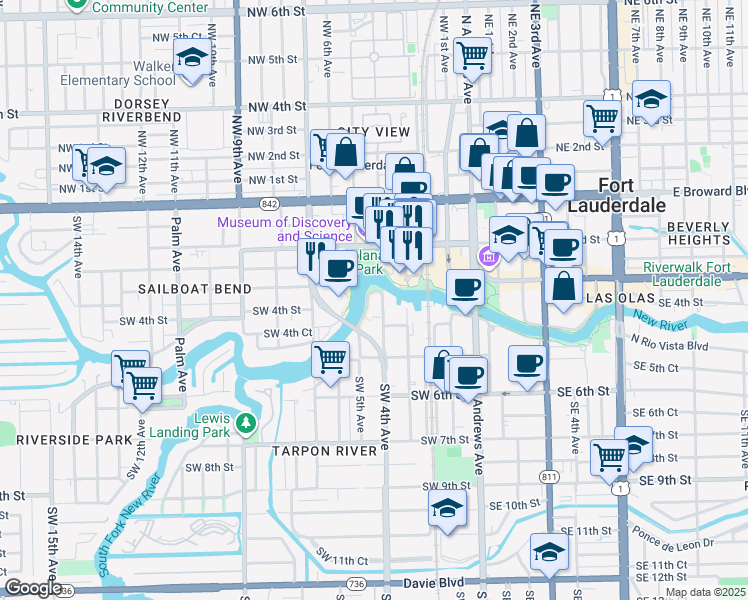 map of restaurants, bars, coffee shops, grocery stores, and more near 12 Southwest 5th Avenue in Fort Lauderdale