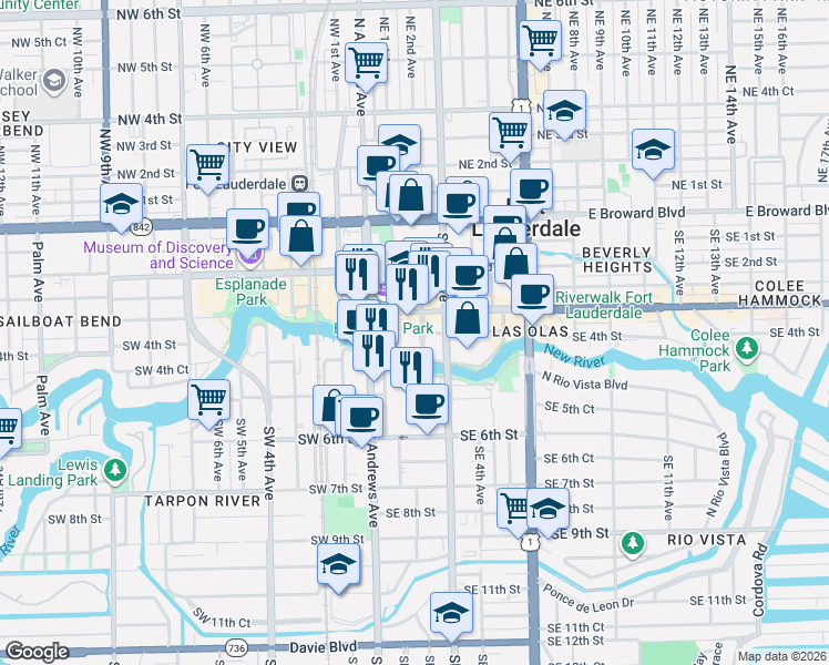 map of restaurants, bars, coffee shops, grocery stores, and more near 333 Las Olas Way in Fort Lauderdale